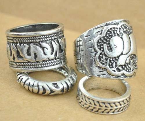 4 Pcs Bohemian Style Antique Silver Carved Elephant Lucky Knuckle  Rings